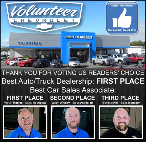 Volunteer chevrolet - Test-drive a in Sevierville at Volunteer Chevrolet. Skip to Main Content. 400 WINFIELD DUNN PKY SEVIERVILLE TN 37876-5508; Sales (865) 366-5650; Service (865) 366-5443